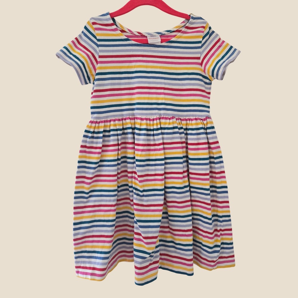 Hanna Andersson Girls Multi Color Stripe Short Sleeve Cotton Play Dress Size 5